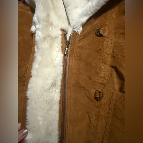 Y2K Brown Suede Fur Trim Lined Oversized Hooded Coat Womens Size XS Boho 70s - Picture 6 of 10